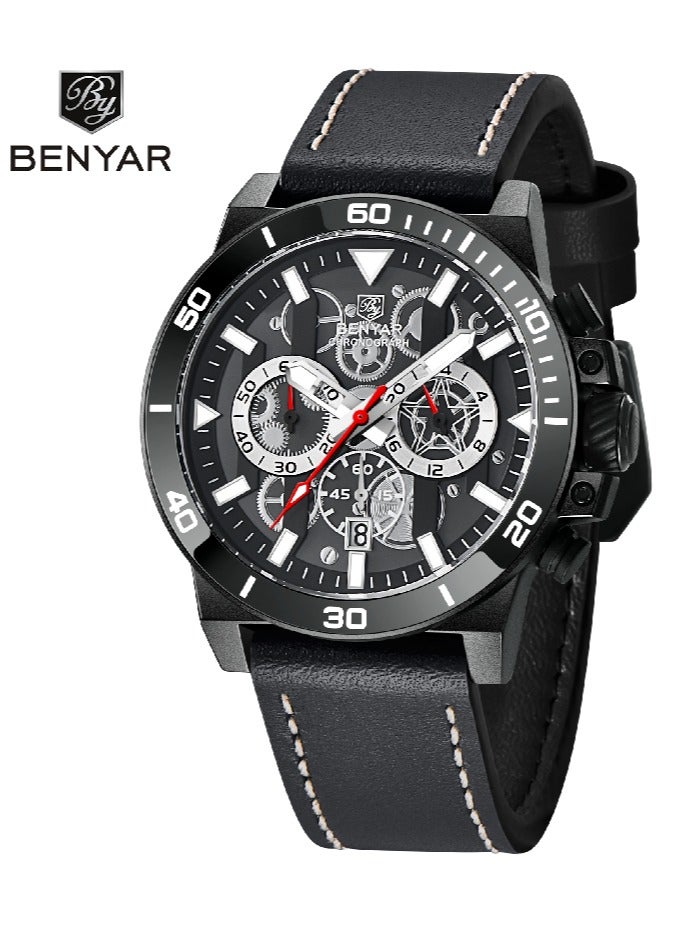 BENYAR Watches for Men Luxury Quartz Water Resistant Watch Men's Chronograph Genuine Leather Strap 5197 Black - Image 1