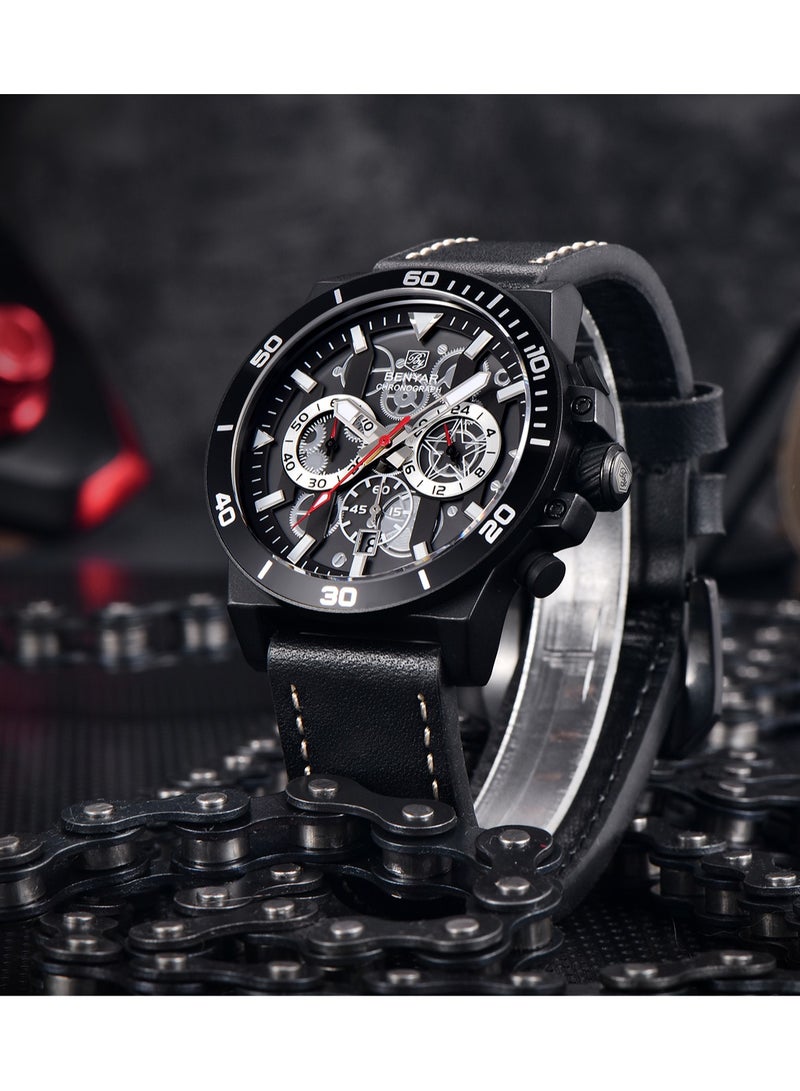 BENYAR Watches for Men Luxury Quartz Water Resistant Watch Men's Chronograph Genuine Leather Strap 5197 Black - Image 4