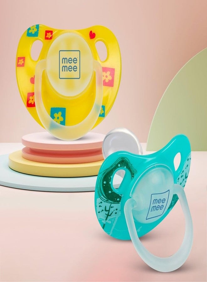 Mee Mee Baby Silicone Pacifier | Orthodontic Nipple for Oral Stimulation | Unique Shape to Support Psychological Breathing | Soother for Babies | Easy to Clean | 0-18 Months (Yellow/Green) - Image 1