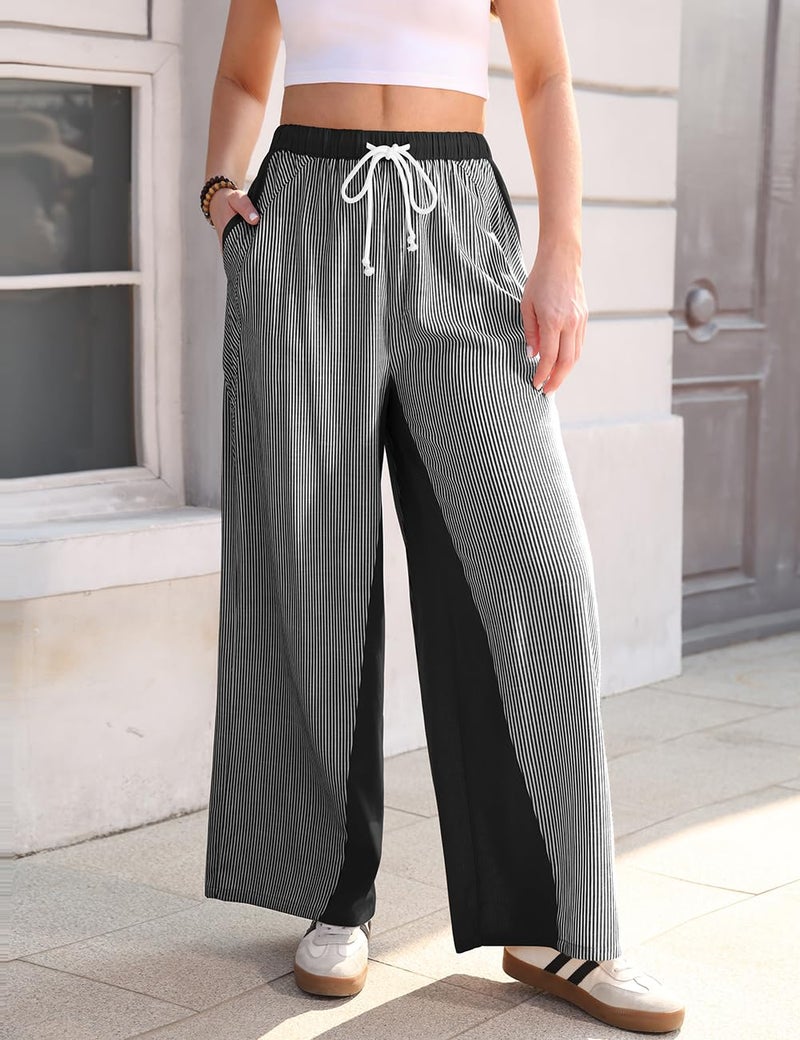 TARSE Womenâ€™s Linen Wide Leg Pants Striped Drawstring Elastic Waist Loose Fit Summer Boho Casual Trendy Pants with Pockets(RustYellow, XL) - Image 4