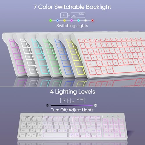 SABLUTE Wireless Keyboard with 7 Colored Backlits Rechargeable Silent Compact Cordless Computer Keyboard with Low Profile Quiet Light Up Keys for Windows PC Linux Chrome Mac White - Image 3