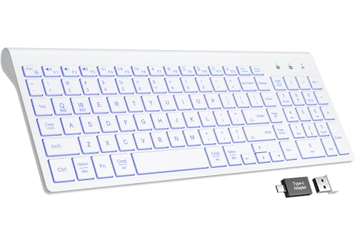 SABLUTE Wireless Keyboard with 7 Colored Backlits Rechargeable Silent Compact Cordless Computer Keyboard with Low Profile Quiet Light Up Keys for Windows PC Linux Chrome Mac White - Image 1