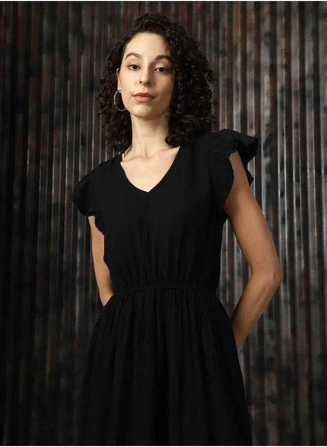 HIGH STAR Women V-Neck Pure Cotton A-Line Midi Fit & Flare Textured Cotton Dress