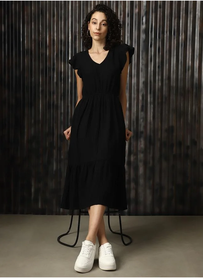 HIGH STAR Women V-Neck Pure Cotton A-Line Midi Fit & Flare Textured Cotton Dress