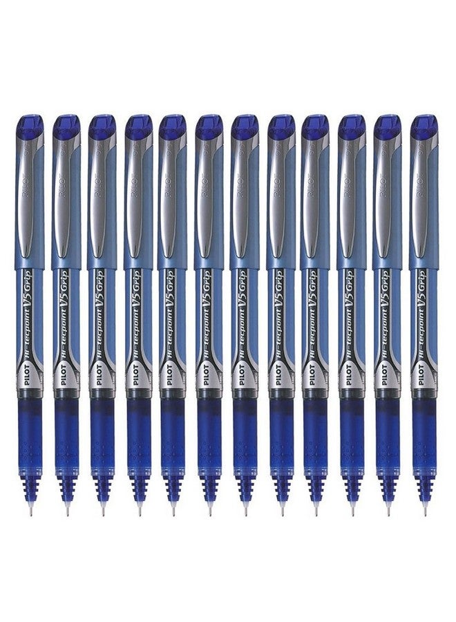 Pilot Hi-Tecpoint V5 Grip 0.5mm Extra Fine Point Pure Liquid Ink Roller Ball Pen with Dimpled Rubber Grip | Blue Ink, Pack Of 12 - Image 1