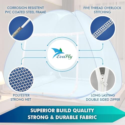 Evafly Mosquito Net for Double Bed | King Size Foldable Machardani | Polyester 30GSM Strong Net | PVC Coated Corrosion Resistant Steel Wire - Full Blue - Image 4