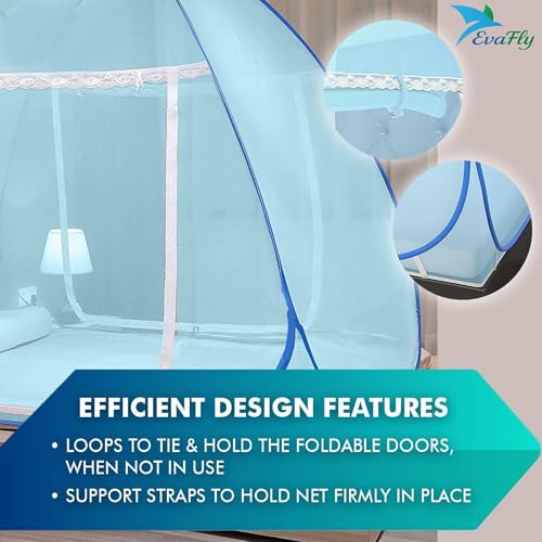 Evafly Mosquito Net for Double Bed | King Size Foldable Machardani | Polyester 30GSM Strong Net | PVC Coated Corrosion Resistant Steel Wire - Full Blue - Image 5