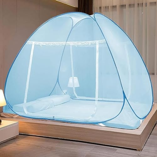 Evafly Mosquito Net for Double Bed | King Size Foldable Machardani | Polyester 30GSM Strong Net | PVC Coated Corrosion Resistant Steel Wire - Full Blue - Image 1