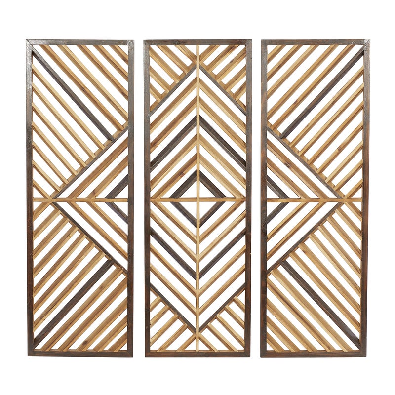 Deco 79 Wood Geometric Home Wall Decor Slatted Wood Design Wall Sculpture, Set of 3 Wall Art 12"W, 35"H, Brown - Image 1