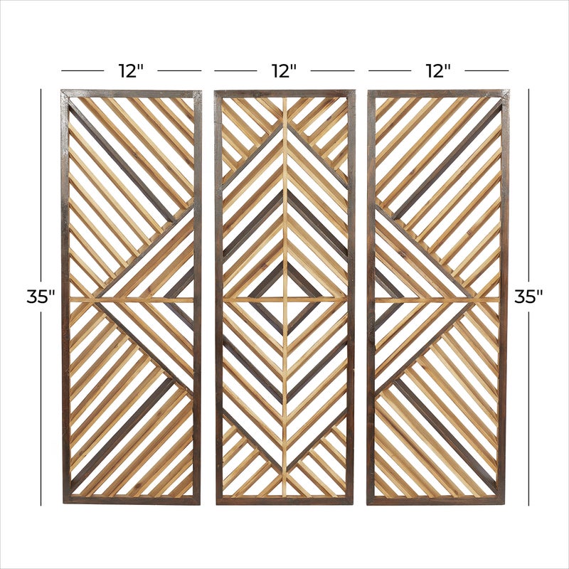 Deco 79 Wood Geometric Home Wall Decor Slatted Wood Design Wall Sculpture, Set of 3 Wall Art 12"W, 35"H, Brown - Image 3