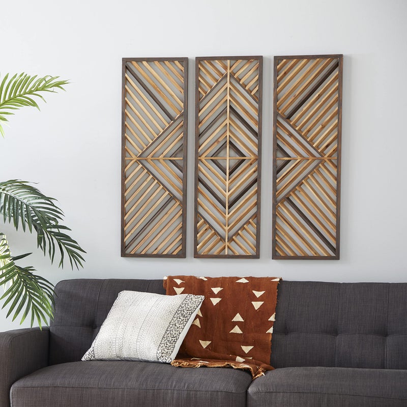 Deco 79 Wood Geometric Home Wall Decor Slatted Wood Design Wall Sculpture, Set of 3 Wall Art 12"W, 35"H, Brown - Image 2