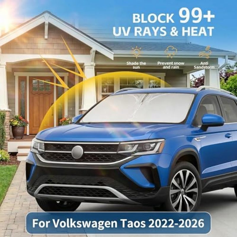 Custom Fit Volkswagen Taos Windshield Sunshade - Reinforced Steel Ring Edge Reflective UV Protection Sunshade Heat Shield for 2022-2026 VW Taos - 4-Layer Memory Steel Wire Frame for Easy Storage - Image 2
