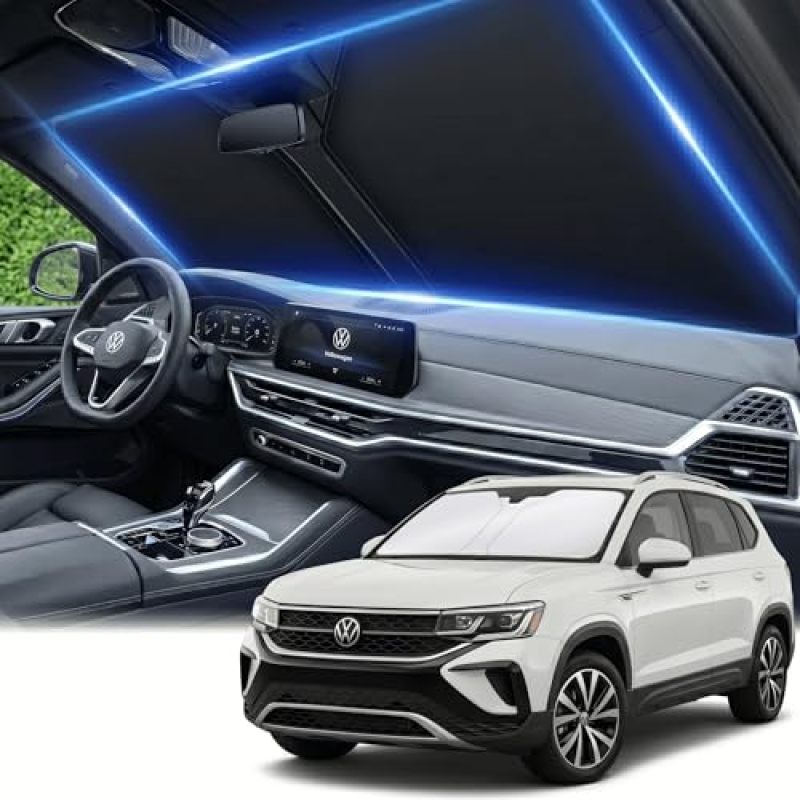 Custom Fit Volkswagen Taos Windshield Sunshade - Reinforced Steel Ring Edge Reflective UV Protection Sunshade Heat Shield for 2022-2026 VW Taos - 4-Layer Memory Steel Wire Frame for Easy Storage - Image 1