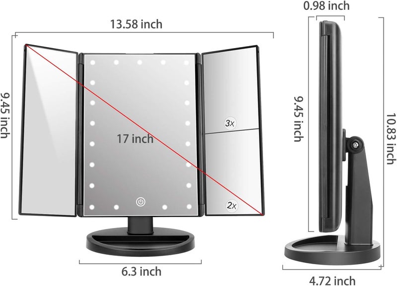 DeWEISN Tri-Fold Lighted Vanity 2 Power Supply Mode Make up Mirror with 21 LED Lights, Touch Screen and 3X/2X/1X Magnification - Image 3