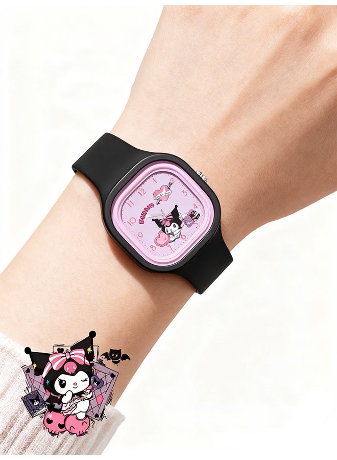 Happy D Black Square Cartoon Sanrio Kuromi Pattern Children's Watch Silicone Strap Suitable for All Ages Kids Gift Watches - Image 2
