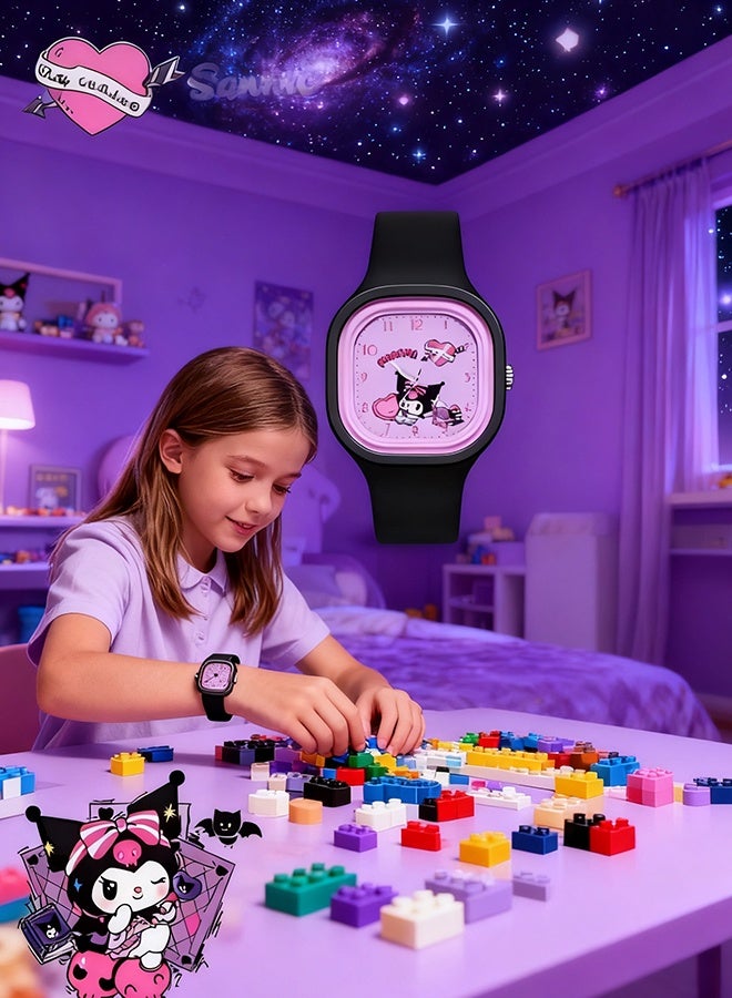 Happy D Black Square Cartoon Sanrio Kuromi Pattern Children's Watch Silicone Strap Suitable for All Ages Kids Gift Watches - Image 4