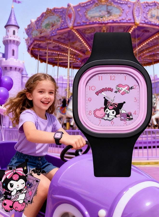 Happy D Black Square Cartoon Sanrio Kuromi Pattern Children's Watch Silicone Strap Suitable for All Ages Kids Gift Watches - Image 3