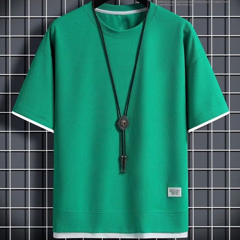 Summer waffle T-shirt mens fake two-piece loose half-sleeve T-shirt ice silk thin round neck short-sleeve T-shirt jacket thin H2103 Green 