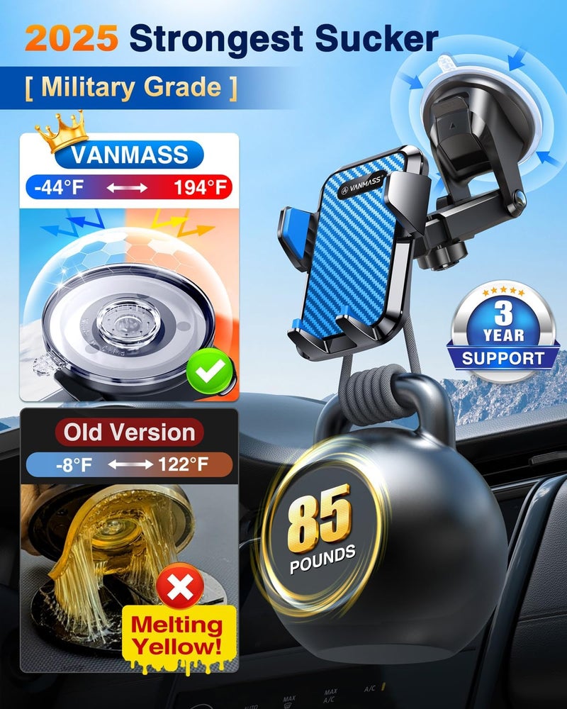 VANMASS 【85+LBS Strongest Suction & Military-Grade Ultimate Car Phone Mount【Patent & Safety Certs】 Cell Phone Holder Truck for Dashboard Windshield Vent for iPhone 17 Pro Max 16 15 Desk Mounts, Blue - Image 2