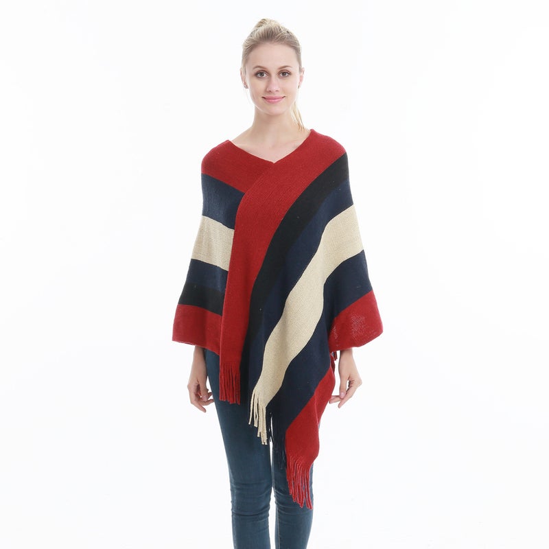 New Hot Spring and Autumn Pullover Cloak Shawl Tassel Warm Knitted Large Size Loose Blouse Cloak Top Spot Red 