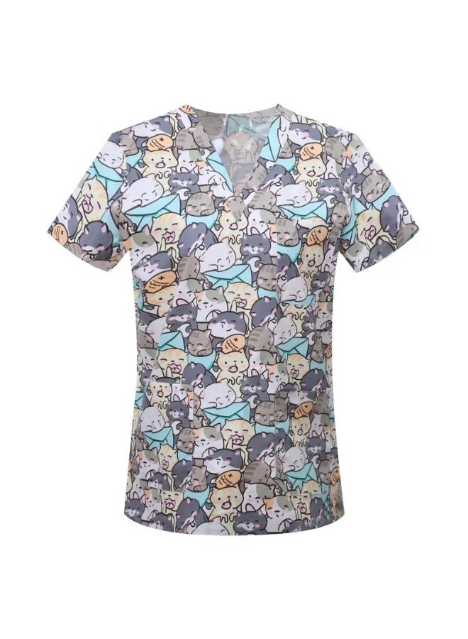 Loquat Womens Medical Scrubs Single Top Medical Uniform Single Printed Top Cat Print - Image 1