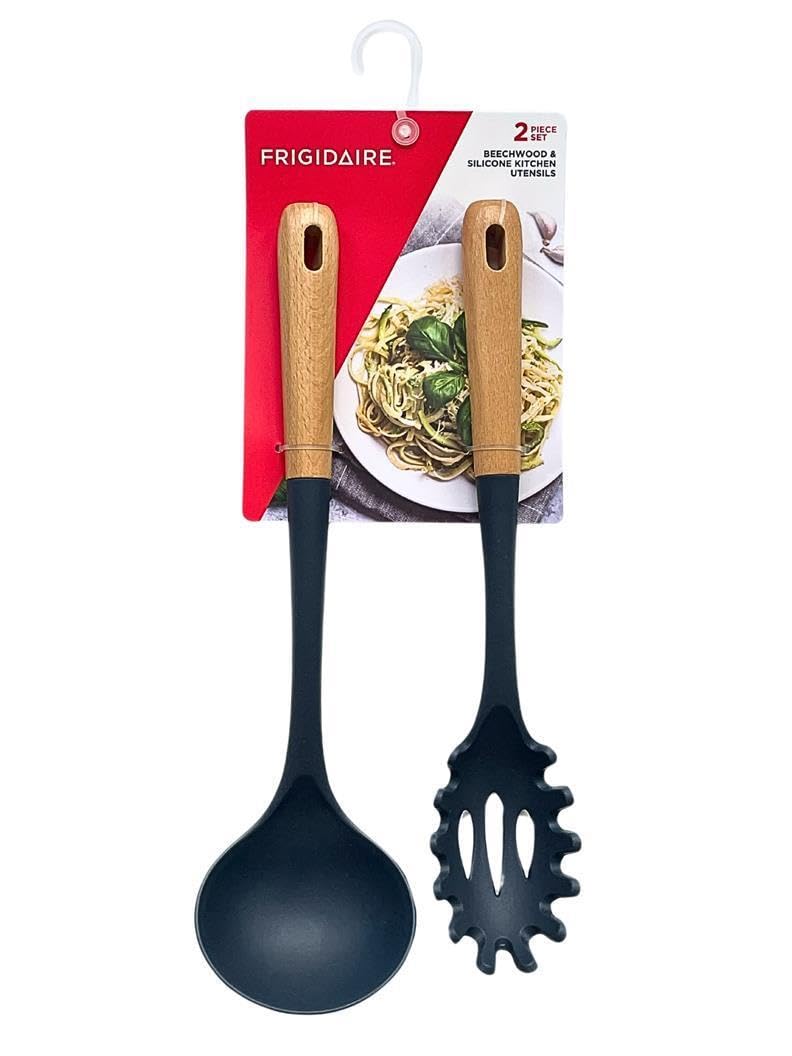Frigidaire 2PC Beechwood Silicone Utensil Set, Large Soup Ladle, Large Pasta Fork, Heat-Resistant, Kitchen Cooking Utensils with Wooden Handle (NAVY)