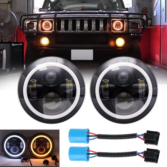 Compatible With Hummer H1 H2 Am General Pair 7Inch Headlight Lights Halo Angel Eye White Drl Amber Turn Light With 9007 Male To H4 Female Adapter