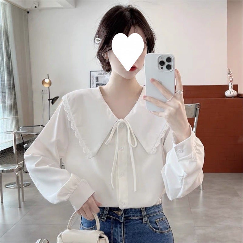 Bow lace-up doll collar white shirt inner womens design sense niche French sweet bottoming top spring and autumn Caramel - Image 3