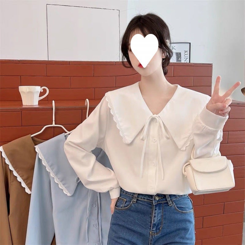 Bow lace-up doll collar white shirt inner womens design sense niche French sweet bottoming top spring and autumn Caramel - Image 4