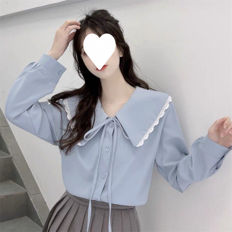 Bow lace-up doll collar white shirt inner womens design sense niche French sweet bottoming top spring and autumn Caramel - Image 1