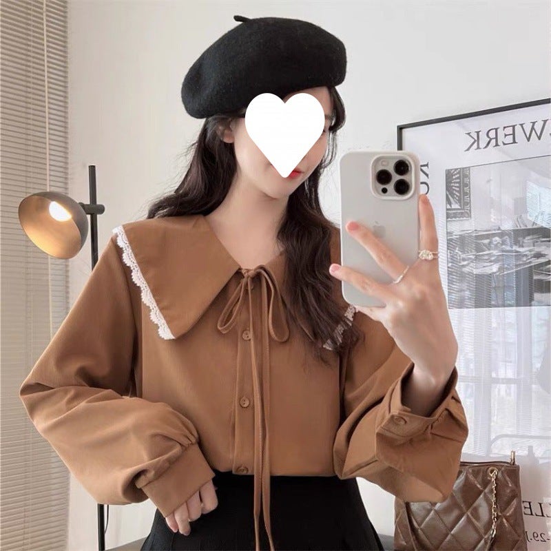 Bow lace-up doll collar white shirt inner womens design sense niche French sweet bottoming top spring and autumn Caramel - Image 2