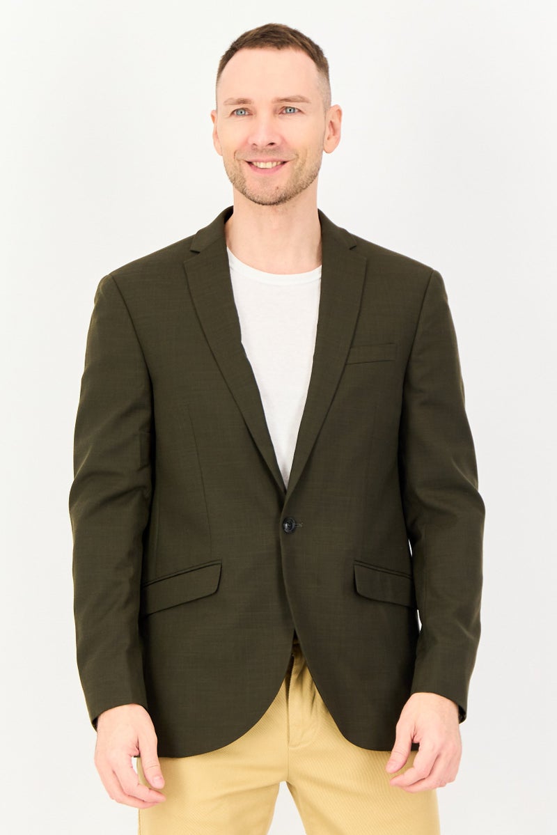 TOPMAN Men Regular Fit Notched Collar Plain Blazer, Olive - Image 1