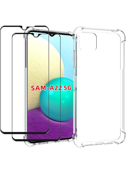 1+2 For Samsung Galaxy A22 5G Galaxy A22S 5G Case With Tempered Glass 2 Pieces Slim Shock Absorption Tpu Soft Edge Bumper With Reinforced Corners Clear Protective Cover Not Fit For A22 4G
