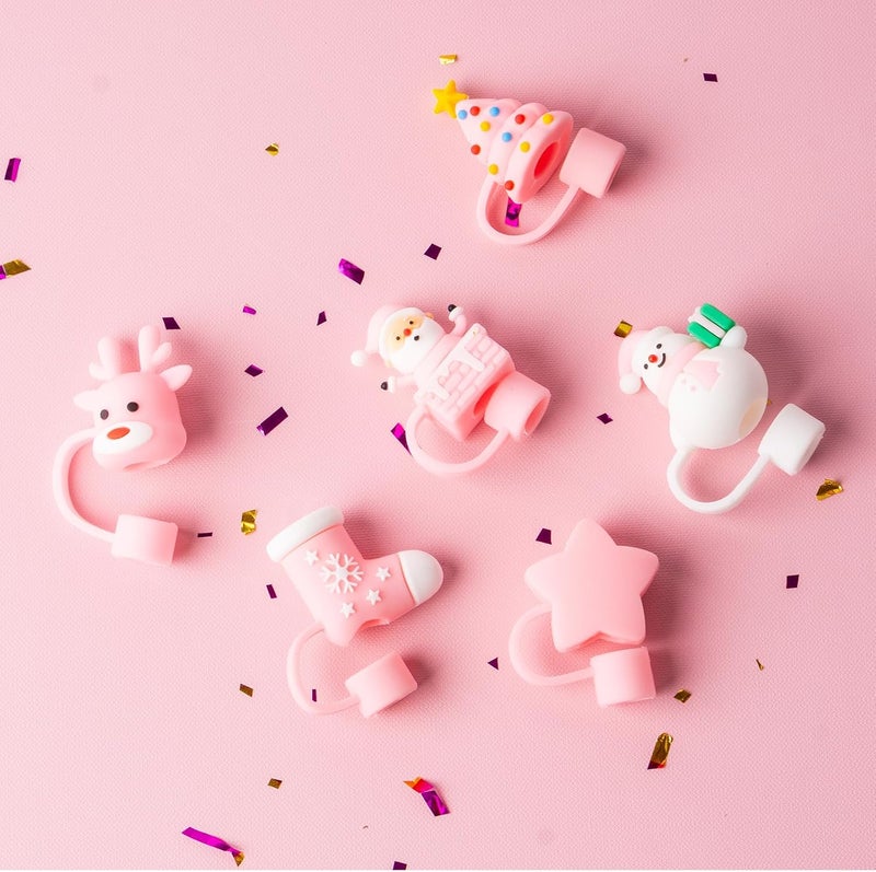 BULKITEM 6Pcs Christmas Pink Straw Cover Cap for Stanley Cup 40oz/30oz Tumbler, 10mm Reusable Cute Drinking Straw Topper Accessories, Portable Protector Plugs Decorations Gifts for Party Christmas - Image 3