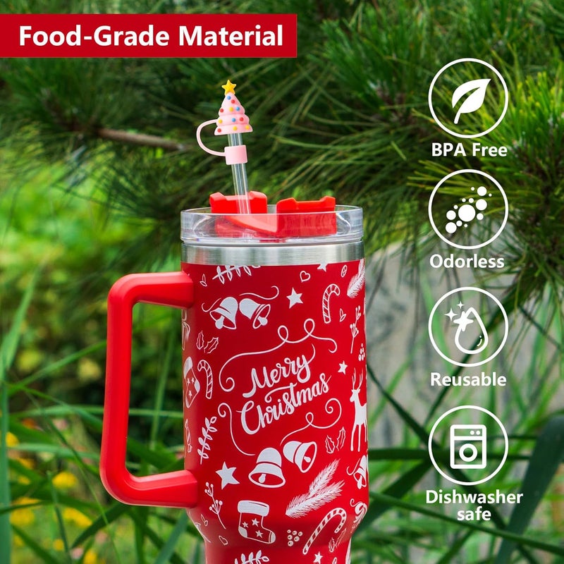 BULKITEM 6Pcs Christmas Pink Straw Cover Cap for Stanley Cup 40oz/30oz Tumbler, 10mm Reusable Cute Drinking Straw Topper Accessories, Portable Protector Plugs Decorations Gifts for Party Christmas - Image 5