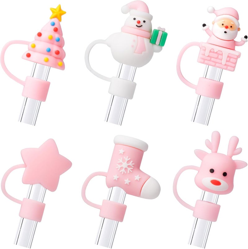 BULKITEM 6Pcs Christmas Pink Straw Cover Cap for Stanley Cup 40oz/30oz Tumbler, 10mm Reusable Cute Drinking Straw Topper Accessories, Portable Protector Plugs Decorations Gifts for Party Christmas - Image 1