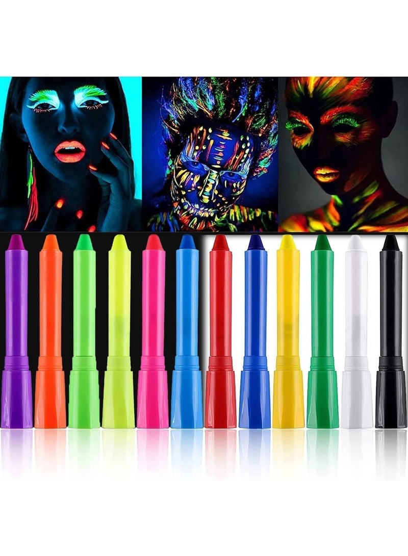 12 Pcs Face Paint Crayons Glow, Black Light Makeup Neon Face and Body Markers, Glow in The Dark UV Face Paint Crayons, Non-Toxic, for Halloween Masquerades Easter Festivals Party, 12 Color - Image 1
