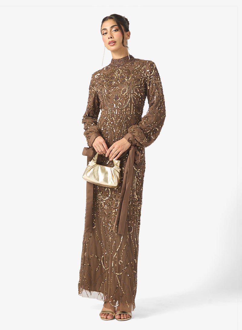 MARYISA Meher Modest Embellished Sequin Cuff Tie Sleeve Maxi Dress - Image 4