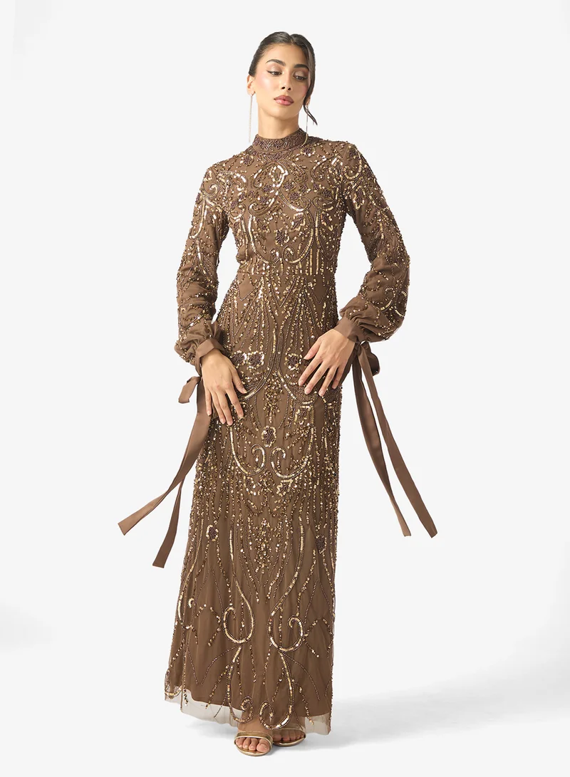 MARYISA Meher Modest Embellished Sequin Cuff Tie Sleeve Maxi Dress