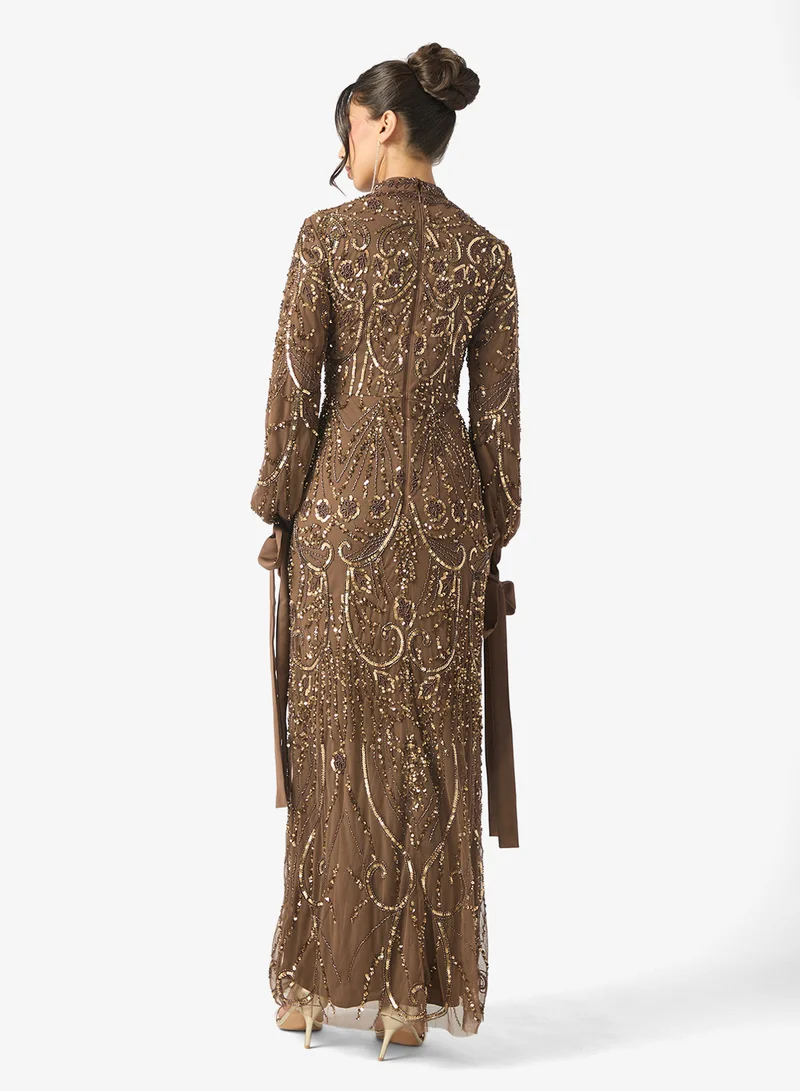 MARYISA Meher Modest Embellished Sequin Cuff Tie Sleeve Maxi Dress