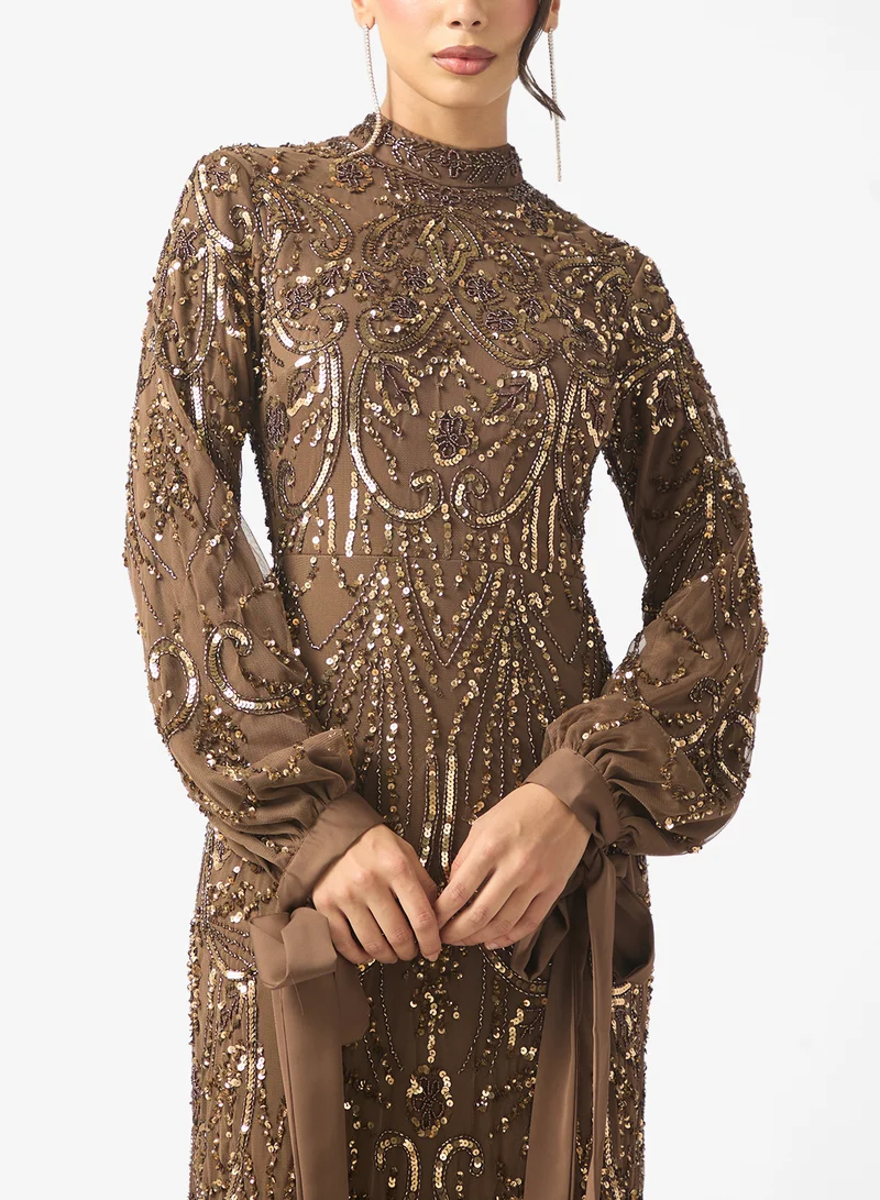 MARYISA Meher Modest Embellished Sequin Cuff Tie Sleeve Maxi Dress