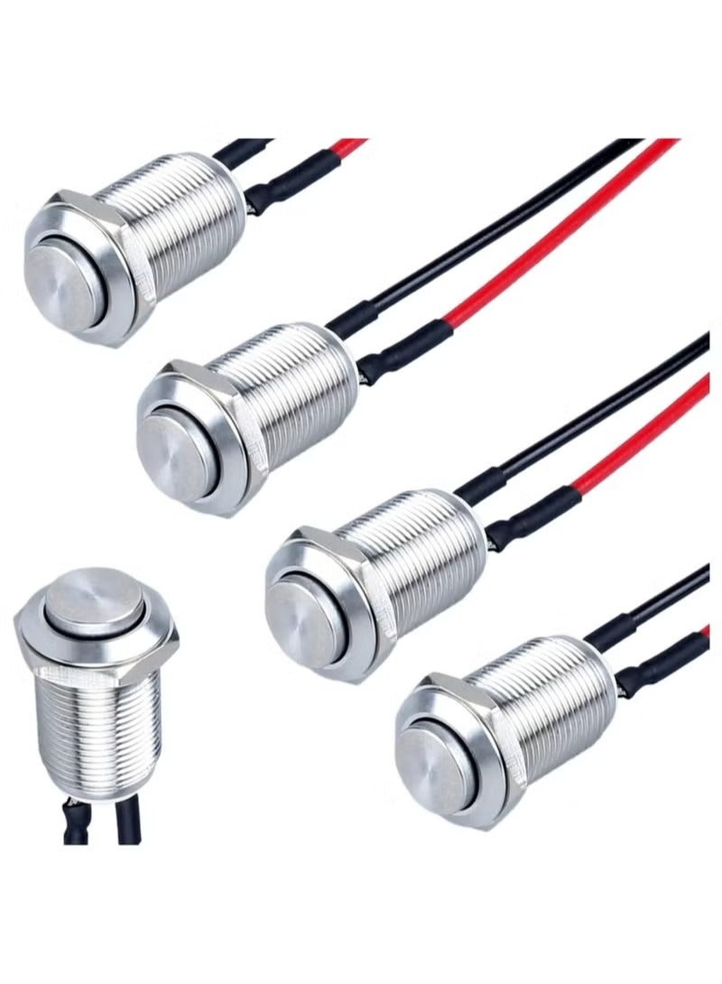Momentary Switch, Latching Push, 5 Pcs High Round Head Button Switch, Waterproof Metal Air Horn Push Button, with Pre-soldered Cable Stainless Steel 1NO 12V 24V 36V IP66 Without LED - Image 1