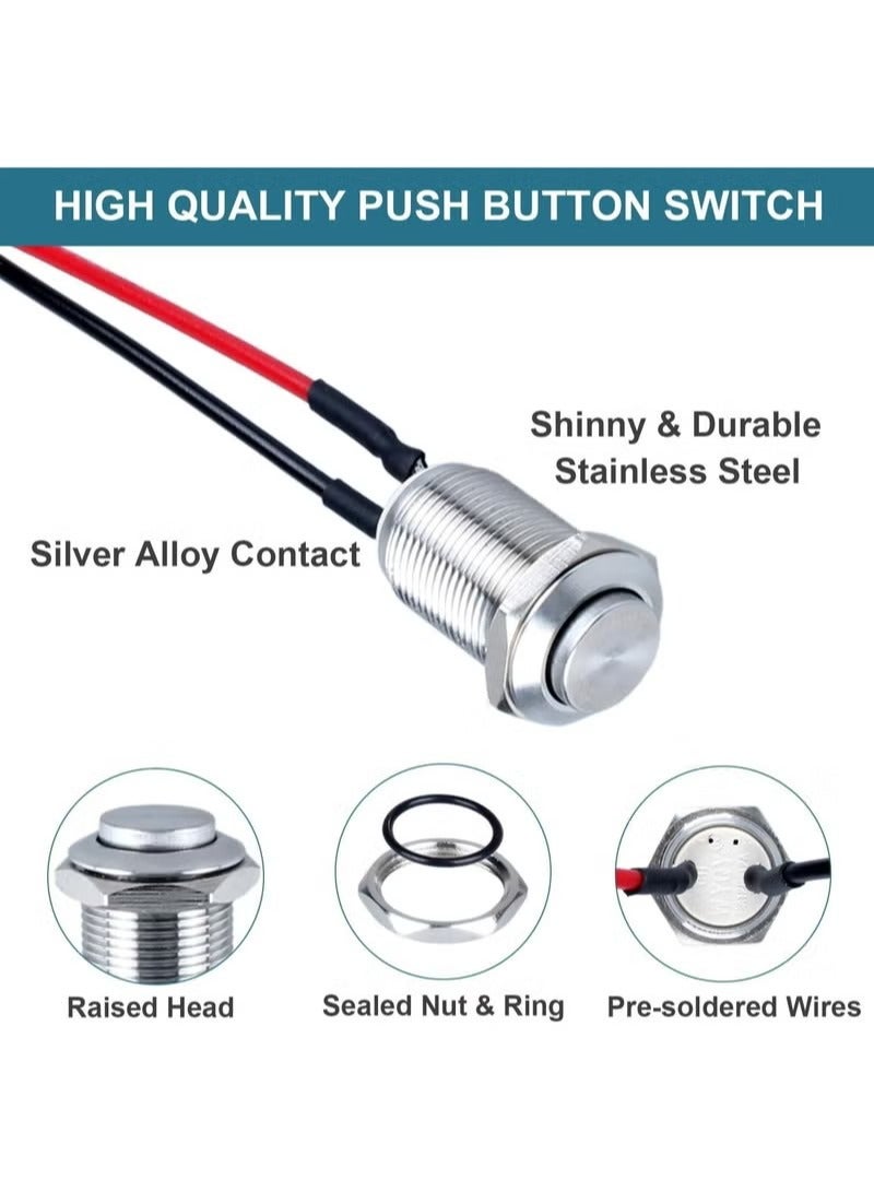 Momentary Switch, Latching Push, 5 Pcs High Round Head Button Switch, Waterproof Metal Air Horn Push Button, with Pre-soldered Cable Stainless Steel 1NO 12V 24V 36V IP66 Without LED - Image 3