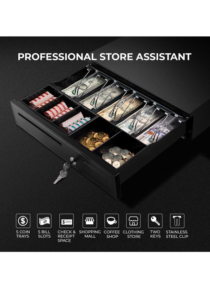 XiuWoo Black Cash Register Drawer, 16" Wide Cash Drawer with Removable Coin Tray, 5 Bill/5 Coin Tray, RJ11 Interface Compatible with Epson POS Square, Cashier Register Till Tray  - Image 2