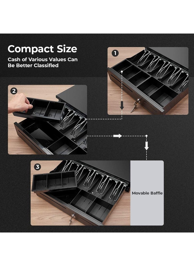 XiuWoo Black Cash Register Drawer, 16" Wide Cash Drawer with Removable Coin Tray, 5 Bill/5 Coin Tray, RJ11 Interface Compatible with Epson POS Square, Cashier Register Till Tray  - Image 4