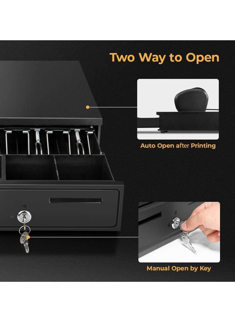 XiuWoo Black Cash Register Drawer, 16" Wide Cash Drawer with Removable Coin Tray, 5 Bill/5 Coin Tray, RJ11 Interface Compatible with Epson POS Square, Cashier Register Till Tray  - Image 5