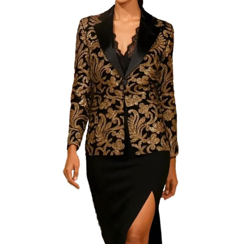 PYJTRL Women's Plus Size Luxury Baroque Floral Embroidery with Sparkling Sequins Formal Evening Jacket Blazer,Black,XXL - Image 1