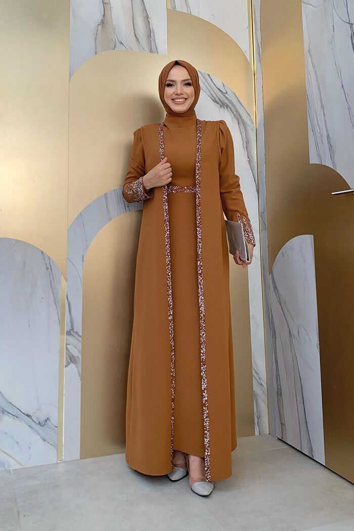 Bym Fashion Bym 3838-1 Stone Detailed Vest Suit Tan  - Image 1