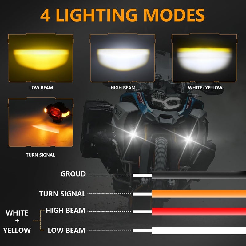 مصابيح الضباب LED للدراجات النارية، أضواء مساعدة، أضواء قيادة، أضواء كاشفة، 4 أوضاع، 60 واط، أبيض/أصفر LED، أضواء عمل للطرق الوعرة DRL للدراجات النارية و ATV و UTV والشاحنات، عبوة من 2 - Image 3