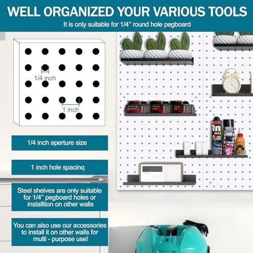 Daanxw 6 Pack 10 X 4 Inch Pegboard Shelves, Metal Peg Board Shelves Accessories, Can Be Used for Walls or Pegboards, Suitable for Bathroom,Kitchen and Garage for Storage and Organization, (Black, 10X4, 6) - Image 4